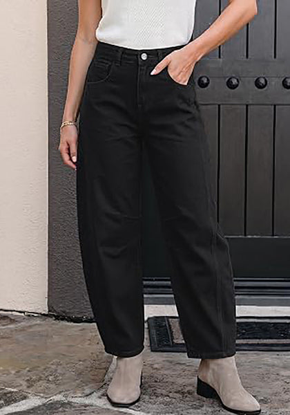 True Black Women's Trendy Barrel Jeans — High Waisted Baggy Wide Leg Denim Pants with Cinched Waist, Front Seam & Ankle Length