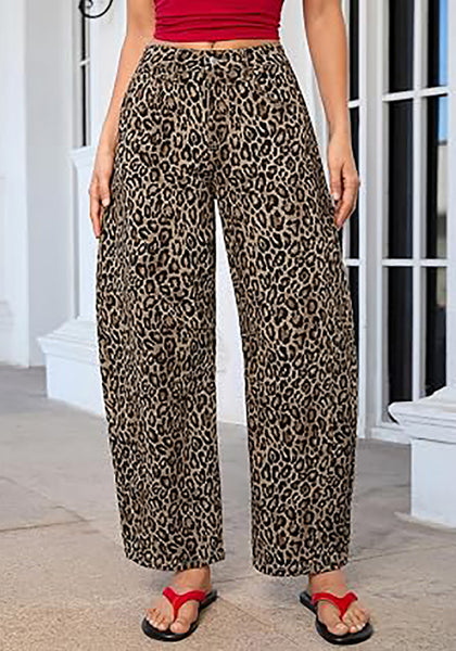 Khaki Brown Leopard Women's Trendy Leopard Barrel Jeans — High Waisted Baggy Wide Leg Stretchy Denim Pants with Front Seam & Ankle Length