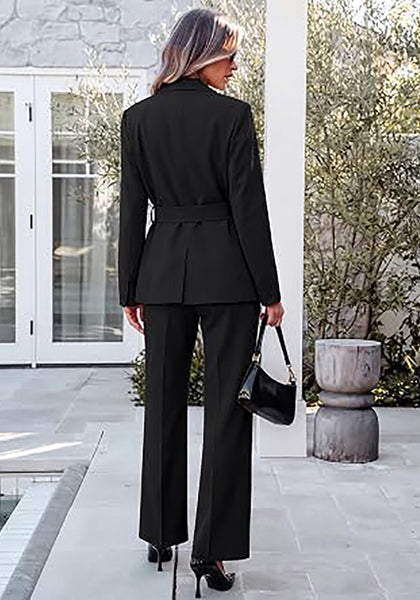 Black Women's 2 Piece Blazer Pants Suit, Business Casual Long Sleeve Belted Double Breasted Blazer & Elastic High Waisted Flared Pants Set, Dressy Office Work Outfits
