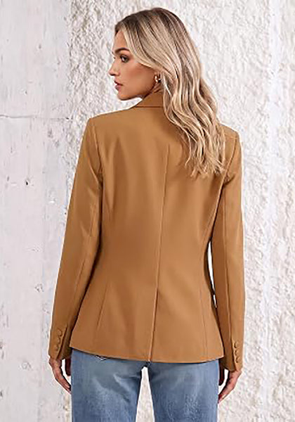 Brown Women's Notched Lapel Blazer, Single Button Shoulder Pads Suit Jacket, Long Sleeve Business Casual Work Office Blazer with Pockets & Back Slit