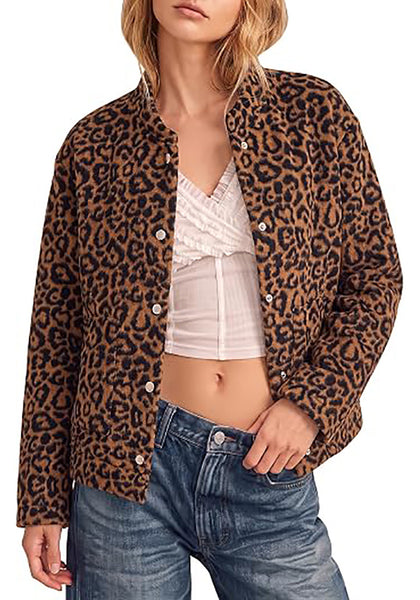 Brown Leopard Women's Leopard Print Bomber Jacket — Oversized Brushed Wool Blend Cheetah Jacket with Stand Collar, Snap Buttons & Elastic Hem
