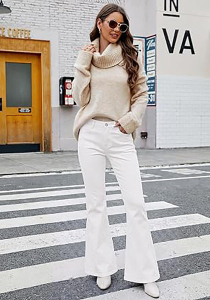 Cream White Flare Jeans for Women Mid Rise Bootcut Denim Pants Distressed Stretchy Retro Y2K Washed Date Night Outfit Nashville Western Style