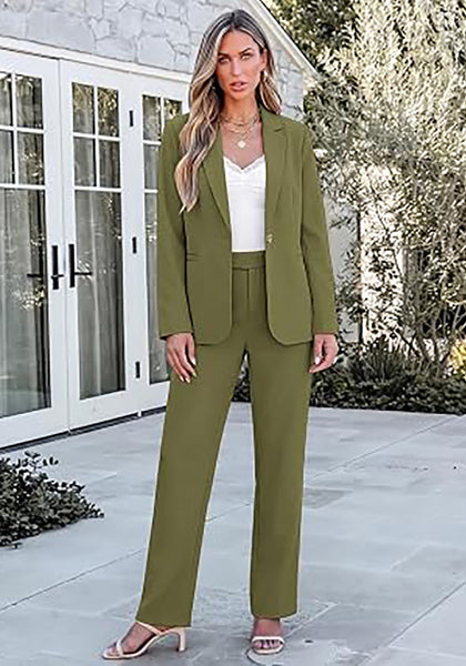 Olive Green Women's Elegant Business Pantsuit — Single Button Blazer & High Waisted Pants with Adjustable Waistband