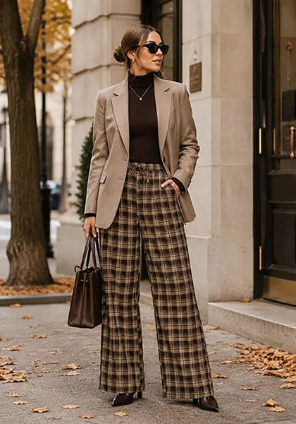 GRAPENT Women's High Waisted Wide Leg Plaid Pants | Tartan Pattern, Elastic Waist Drawstring, Pockets, Relaxed Fit, Casual Daily Fall Outfits