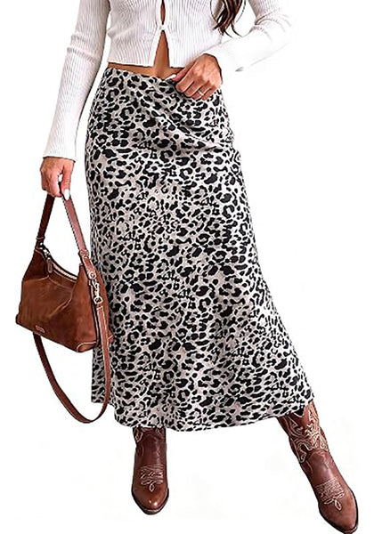 Black & White Leopard Women's Leopard Print Satin Maxi Skirt — High Waisted Bias Cut A Line Slip Skirt with Stretchy Elastic Waistband