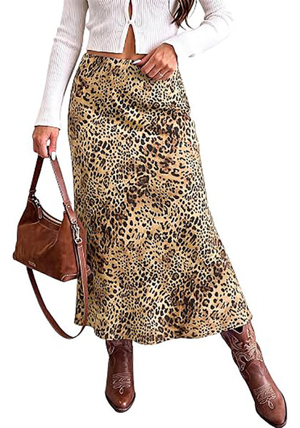 Brown Cheetah Women's Leopard Print Satin Maxi Skirt — High Waisted Bias Cut A Line Slip Skirt with Stretchy Elastic Waistband