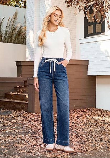 GRAPENT Women's High Rise Straight Wide Leg Jeans | Stretchy Denim, Elastic Waist, 29.5" Inseam, Work & Casual Daily Wear