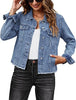 Medium Blue Acid Washed Women's Denim Frayed Hem Button Up Distressed Jackets