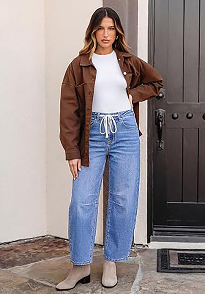 Medium Blue Barrel Jeans for Women High Waisted Baggy Drawstring Wide Leg Denim Pants Stretchy Ankle Length 27.5 Inseam Casual Trendy