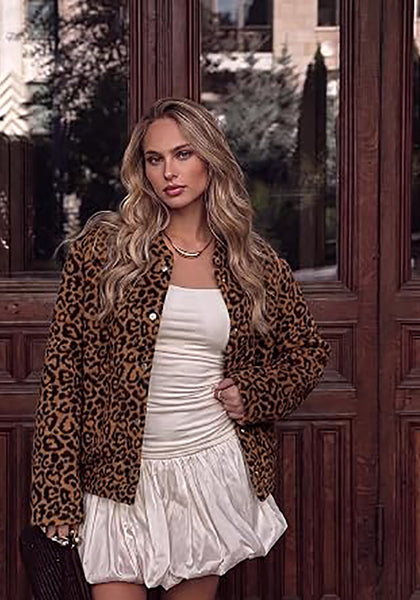 Brown Leopard Women's Leopard Print Bomber Jacket — Oversized Brushed Wool Blend Cheetah Jacket with Stand Collar, Snap Buttons & Elastic Hem