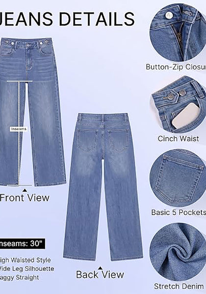 GRAPENT Women's High Rise Wide Leg Jeans | Stretchy Denim, Adjustable Cinch Waist, 30" Inseam, 90s Baggy Straight, Everyday Dressy Casual