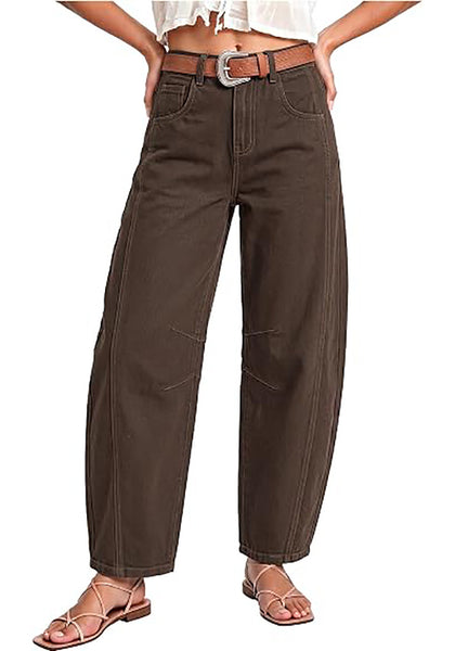 Dark Brown Women's Trendy Barrel Jeans — High Waisted Baggy Wide Leg Denim Pants with Cinched Waist, Front Seam & Ankle Length