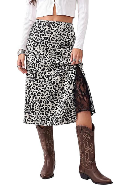 Black & White Leopard Satin Midi Skirt — High Waisted A Line Slip Skirt with Slit, Lace Trim & Stretchy Waist