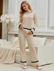 Beige Women Soft Long Sleeve Wide Leg Set Casual Sleep Lounge Wear
