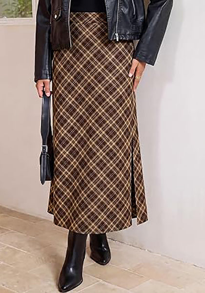 Brown & Khaki Women's Trendy Plaid Maxi Skirt — High Waisted A Line Long Skirt with Side Slit, Vintage Pattern & Back Elastic Waist
