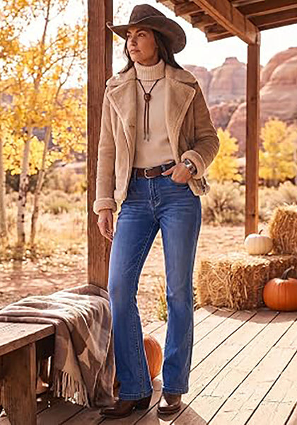 Medium Blue Women's Trendy Mid Rise Bootcut Jeans — Stretchy Western Denim Pants with 90s Vintage Flare & 30.5" Inseam