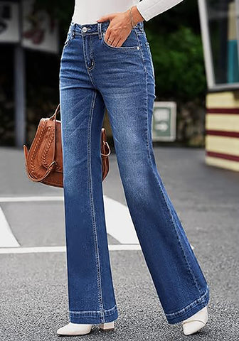 Dark Blue Women's Flare Denim High Rise Jeans Stretch Wide Legs.