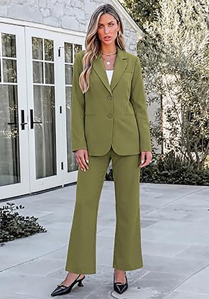 Olive Green Women's 2 Piece Pant Suits, Business Casual Buttoned Blazer and High Waisted Bootcut Pants Set, 29" Inseam Professional Office Fall Teacher Outfits