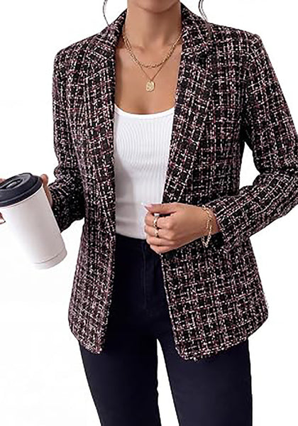 Black & Wine Red Women's Plaid Tweed Work Blazer | Long Sleeve Notched Lapel Jacket, Fully Lined, Shoulder Pads, Single Button, 2 Pockets – Office, Interview, Business Casual