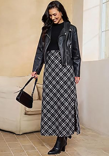 Black % white Women's Trendy Plaid Maxi Skirt — High Waisted A Line Long Skirt with Side Slit, Vintage Pattern & Back Elastic Waist