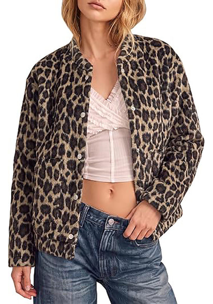 Safari Leopard Women's Leopard Print Bomber Jacket — Oversized Brushed Wool Blend Cheetah Jacket with Stand Collar, Snap Buttons & Elastic Hem