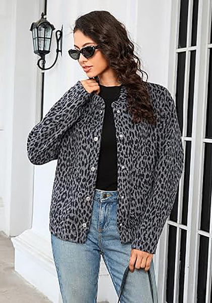 Grey Cheetah Women's Leopard Print Bomber Jacket — Oversized Brushed Wool Blend Cheetah Jacket with Stand Collar, Snap Buttons & Elastic Hem