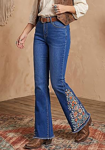 Classic Blue Women's Floral Embroidery Flare Jeans — High Waisted Stretchy Bootcut Denim with Raw Frayed Hem & Retro Distressed Wash