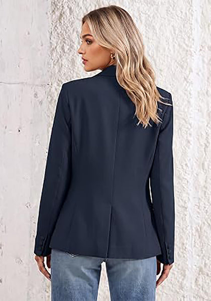 Dark Blue Women's Notched Lapel Blazer, Single Button Shoulder Pads Suit Jacket, Long Sleeve Business Casual Work Office Blazer with Pockets & Back Slit