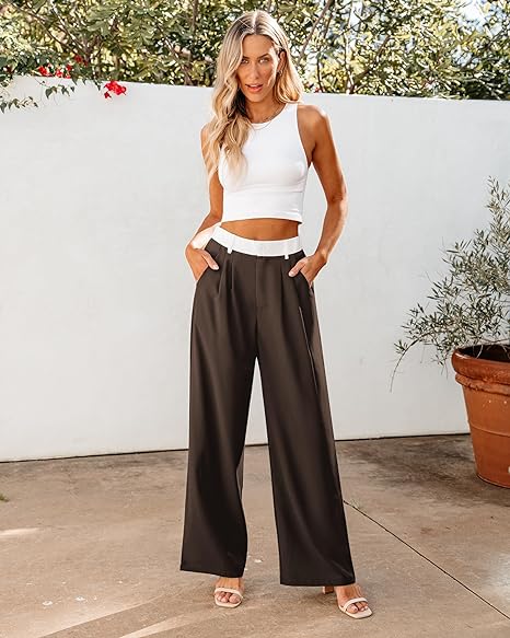 Brown & White Block Women's High Waisted Wide Leg Business Work Pants