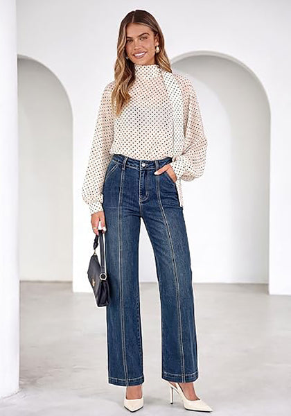 GRAPENT Women's High Waist Wide Leg Jeans | Stretchy Denim, Front Seam, 29.5" Inseam, 4 Pockets, Vintage Distressed, Country Concert Work Casual