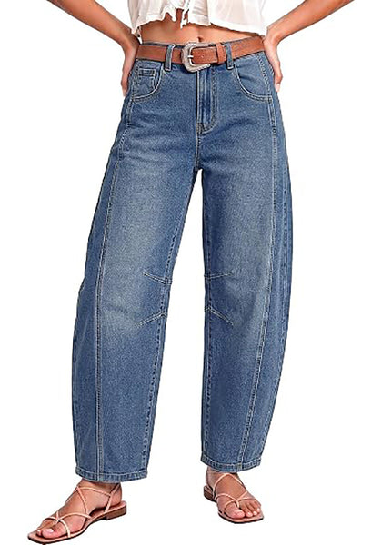 Vintage Blue Women's Trendy Barrel Jeans — High Waisted Baggy Wide Leg Denim Pants with Cinched Waist, Front Seam & Ankle Length