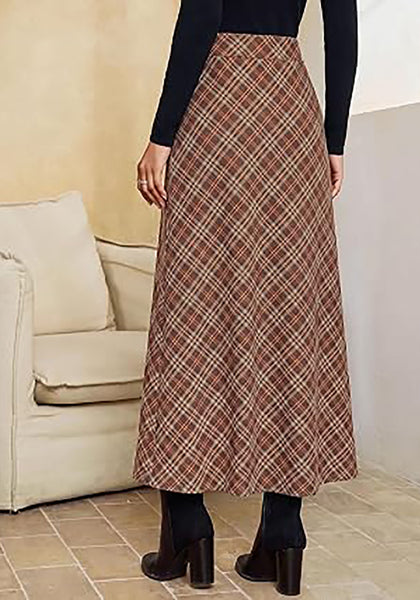 Cinnamon & Khaki Women's Trendy Plaid Maxi Skirt — High Waisted A Line Long Skirt with Side Slit, Vintage Pattern & Back Elastic Waist