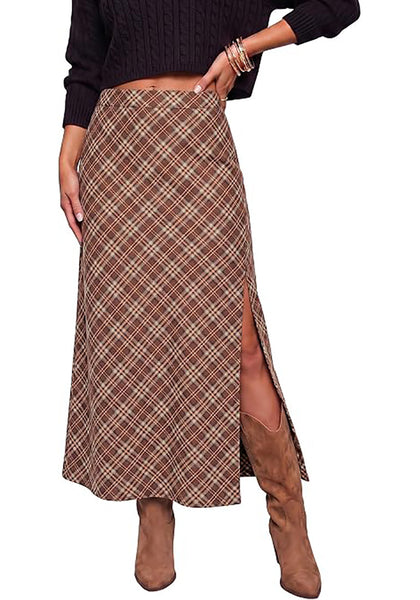 Cinnamon & Khaki Women's Trendy Plaid Maxi Skirt — High Waisted A Line Long Skirt with Side Slit, Vintage Pattern & Back Elastic Waist