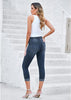 Vintage Dark Blue Women's High Waisted Elastic Slight Stretch Denim Pull On Cuffed Hem Capri Jeans Denim Pants