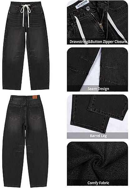 Washed Black Barrel Jeans for Women High Waisted Baggy Drawstring Wide Leg Denim Pants Stretchy Ankle Length 27.5 Inseam Casual Trendy