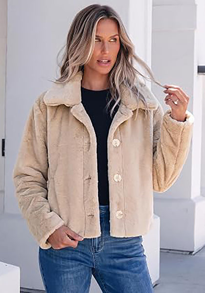 Beige Women's Cropped Fluffy Faux Fur Coat — Oversized Lapel Jacket with Button Down Closure & Warm Lining