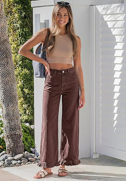 GRAPENT Women's High Waisted Ruffle Hem Wide Leg Jeans | Stretch Denim, 27.5" Inseam, Ankle Cropped, Baggy Fit, Weekend Casual