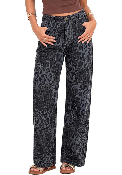GRAPENT Women's High Waist Wide Leg Leopard Jeans | Stretchy Denim, Baggy Loose Fit, 29.5" Inseam, Cheetah Print, Western Chic Outfits