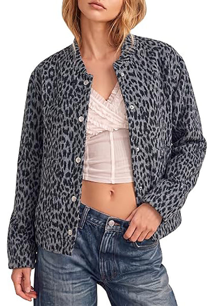 Grey Cheetah Women's Leopard Print Bomber Jacket — Oversized Brushed Wool Blend Cheetah Jacket with Stand Collar, Snap Buttons & Elastic Hem