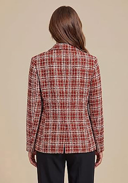 Black & Wine Red Women's Plaid Tweed Work Blazer | Long Sleeve Notched Lapel Jacket, Fully Lined, Shoulder Pads, Single Button, 2 Pockets – Office, Interview, Business Casual