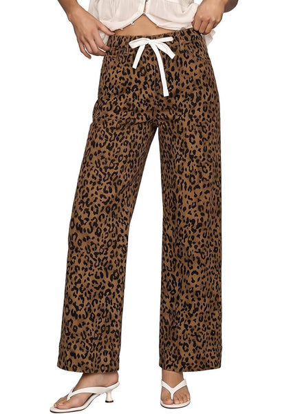 GRAPENT Women's High Waisted Wide Leg Leopard Jeans | Leopard Print Denim, Drawstring Waist, Loose Straight Leg, 28" Inseam, Dressy Casual Everyday Wear