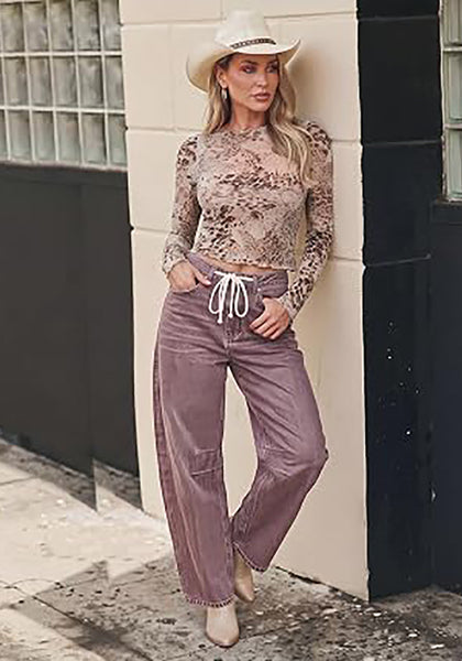 Pecan Brown Barrel Jeans for Women High Waisted Baggy Drawstring Wide Leg Denim Pants Stretchy Ankle Length 27.5 Inseam Casual Trendy