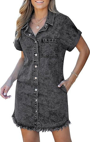 Black - Acid Wash Women's Denim Jean Dress Button Down Frayed Hem Jean Short Dresses With Pockets
