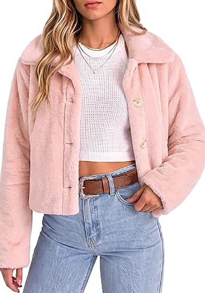 Pink Women's Cropped Fluffy Faux Fur Coat — Oversized Lapel Jacket with Button Down Closure & Warm Lining