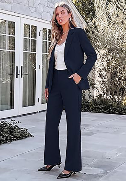 Navy Blue Women's 2 Piece Pant Suits, Business Casual Buttoned Blazer and High Waisted Bootcut Pants Set, 29" Inseam Professional Office Fall Teacher Outfits