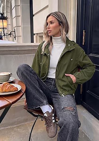 Army Green Women's Trendy Funnel Neck Bomber Jacket — Oversized Cropped Zip Up Hooded Jacket with Stand Collar & Elastic Cuff Hem