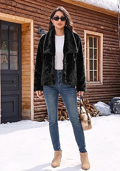 Black Wide Lapel Faux Fur Coat for Women — Oversized Dropped Shoulder Jacket with Side Pockets & Snap Buttons