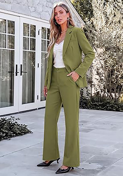 Olive Green Women's 2 Piece Pant Suits, Business Casual Buttoned Blazer and High Waisted Bootcut Pants Set, 29" Inseam Professional Office Fall Teacher Outfits