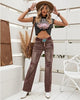 Pecan Brown High Waisted Ripped Flare Jeans for Women Destressed Bell Bottom Jeans Wide Leg Pants