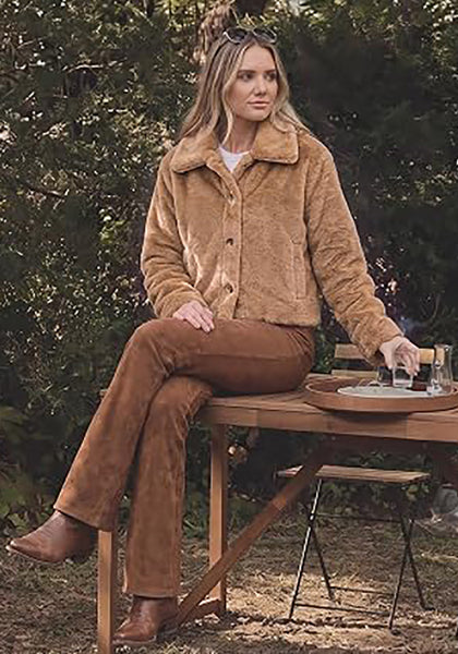 Khaki Women's Cropped Fluffy Faux Fur Coat — Oversized Lapel Jacket with Button Down Closure & Warm Lining